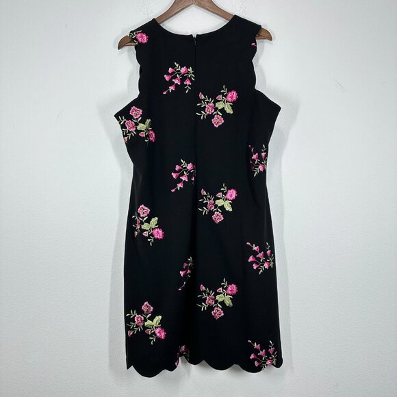 Jones Studio Size 16 Black Boatneck Dress Pink Embroidered Floral Scalloped Hem - Picture 2 of 11
